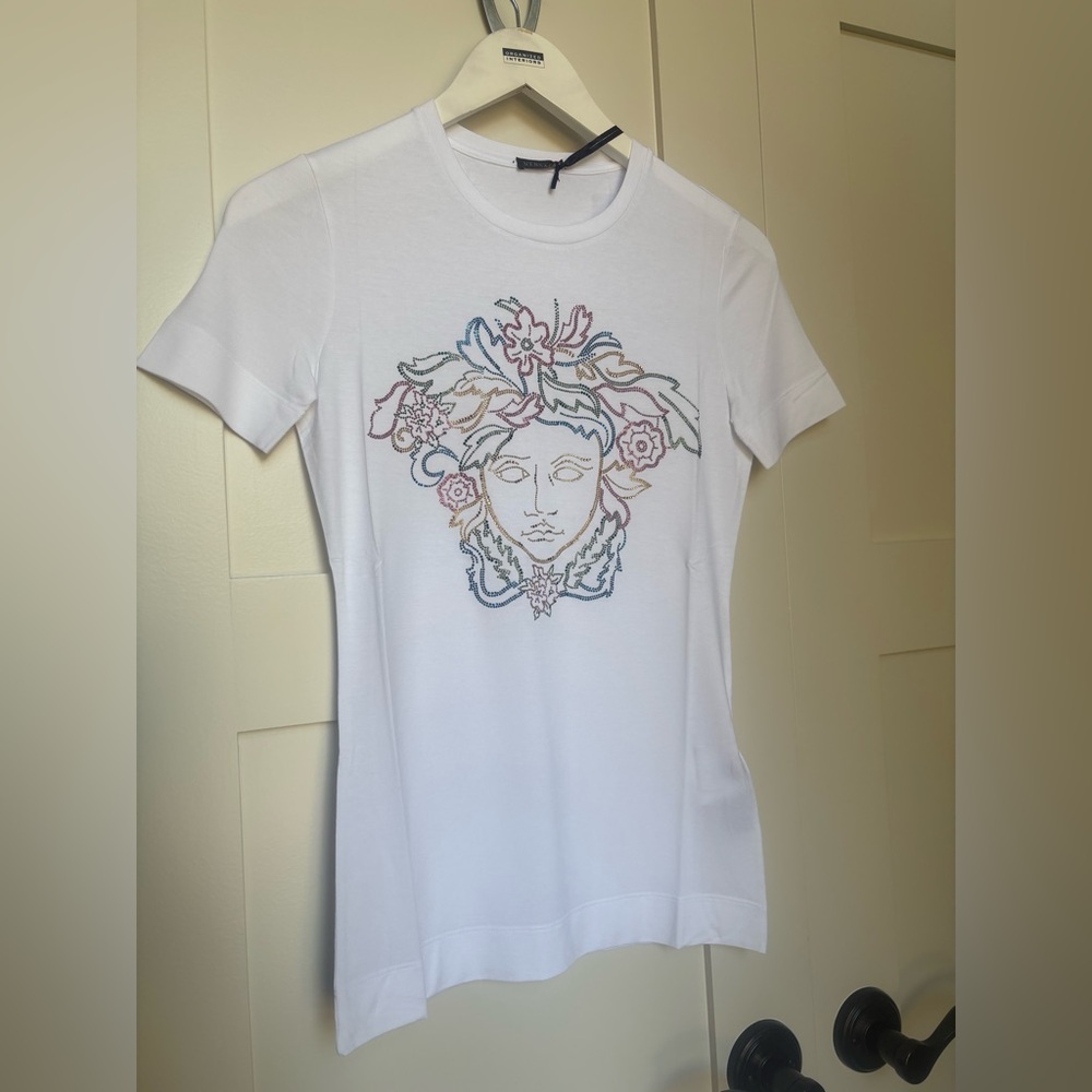 Authentic Versace White Tee with Multicolor sequins/studs